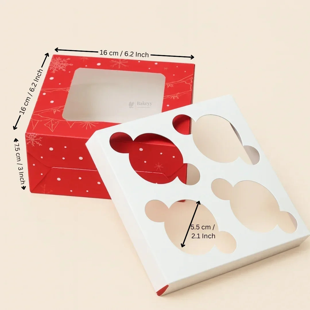 Christmas Cupcake Box with Window | Red Festive Design | Festive Cupcake Box | Pack of 10 - Bakeyy.com - India - Christmas Cupcake Box with Window | Red Festive Design | Festive Cupcake Box | Pack of 10 - 4 Cupcake / Without Handle 220.00