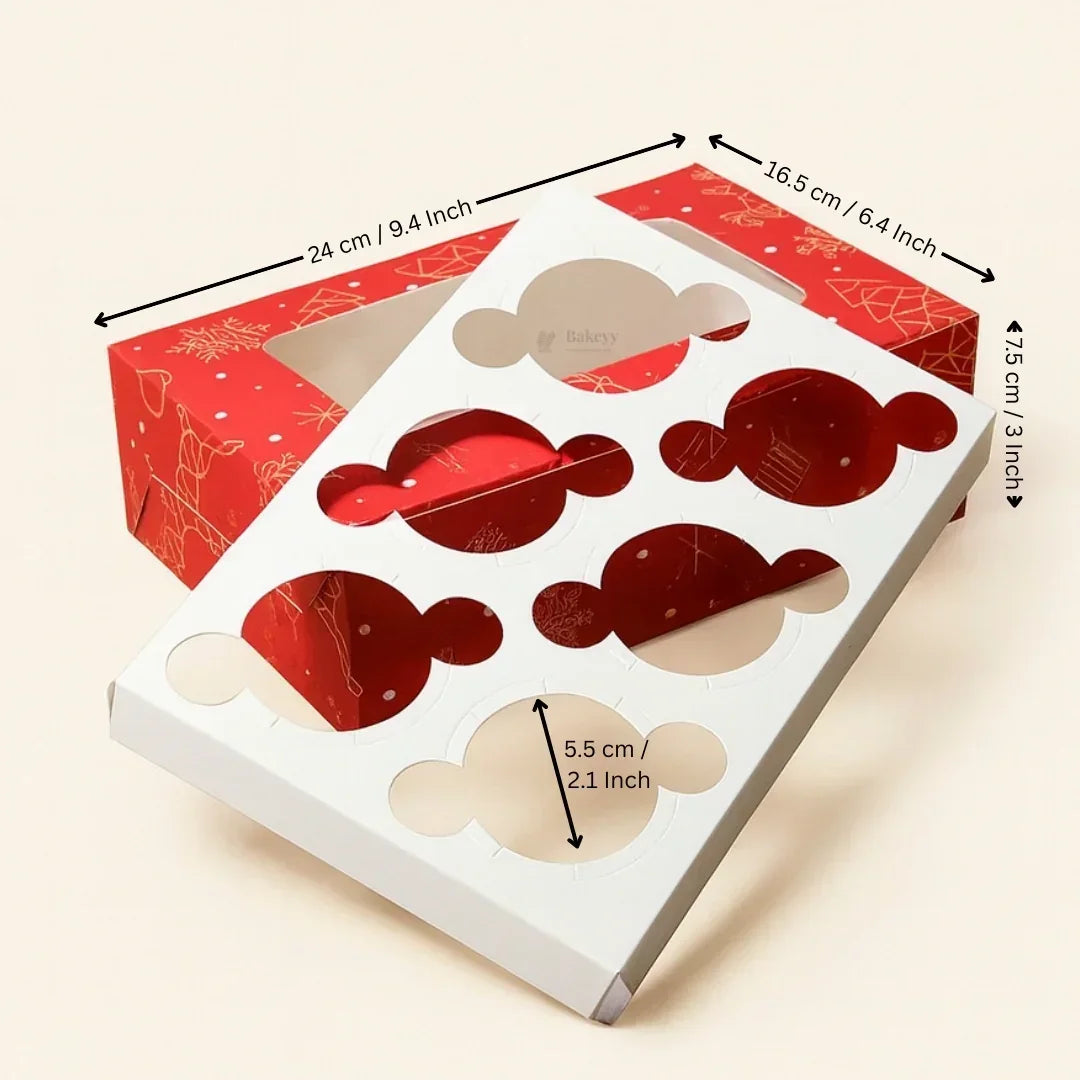 Christmas Cupcake Box with Window | Red Festive Design | Festive Cupcake Box | Pack of 10 - Bakeyy.com - India - Christmas Cupcake Box with Window | Red Festive Design | Festive Cupcake Box | Pack of 10 - 6 Cupcake / Without Handle 240.00