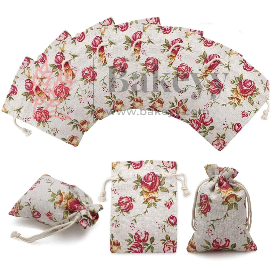 15X19cm| Floral Rose Jute Drawstring Bag| Jute Potli Bags| Gift Bags, Jewellery Pouches| DIY Craft Potli| Pack of 10