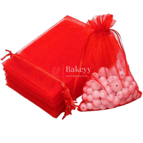 18x24 CM | Organza Potli Bags | Red Colour | Candy Bag | - Bakeyy.com - India - 18x24 CM | Organza Potli Bags | Red Colour | Candy Bag | - Pack Of 50 / 18x24 cm / 7x9 in / Red