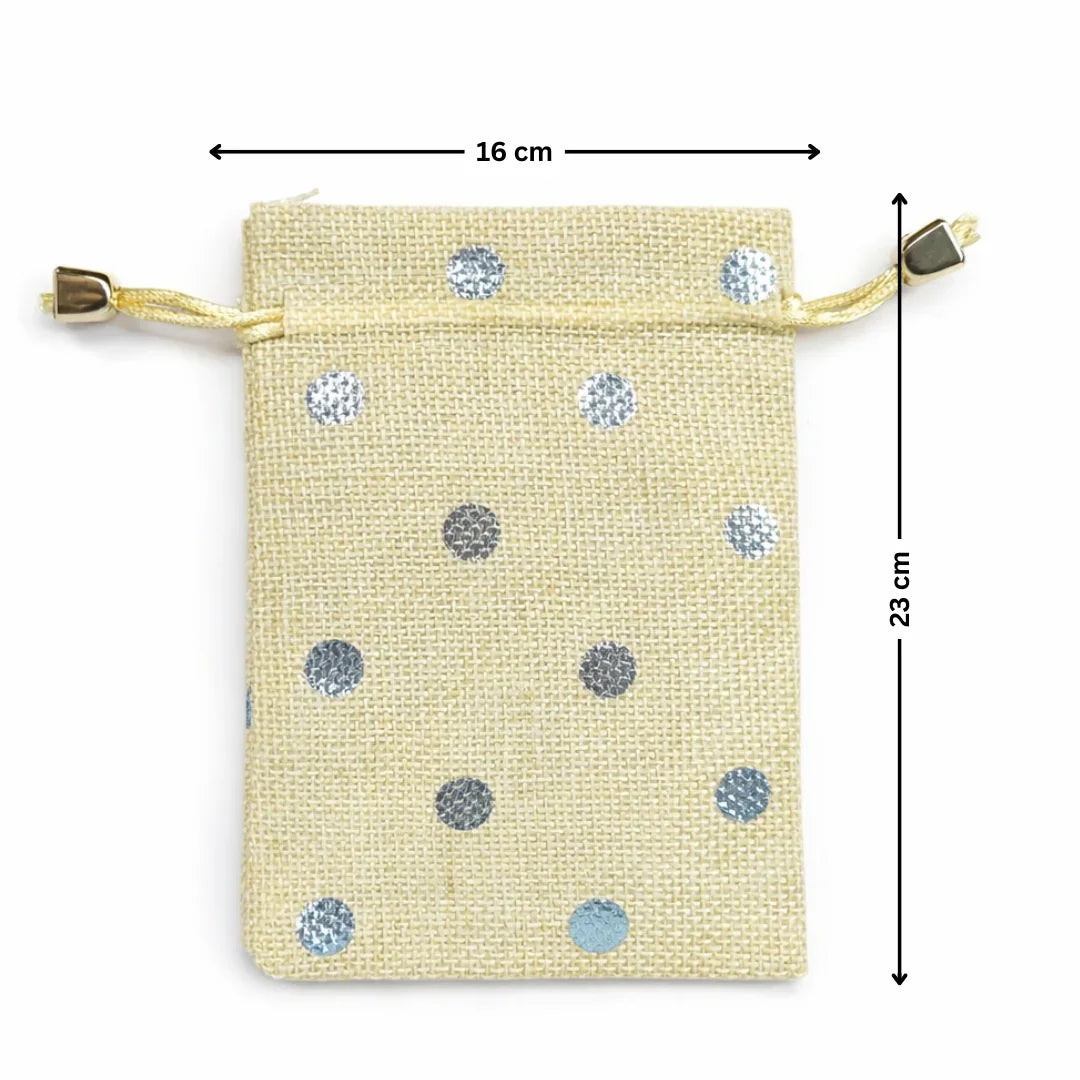 Polka Dot Jute Potli Bags with Golden Drawstring | Reusable Gift Pouches (Multiple Sizes) | Pack of 10 - Bakeyy.com - India - Polka Dot Jute Potli Bags with Golden Drawstring | Reusable Gift Pouches (Multiple Sizes) | Pack of 10 - Gold Polka Dot / 16x23 265.00