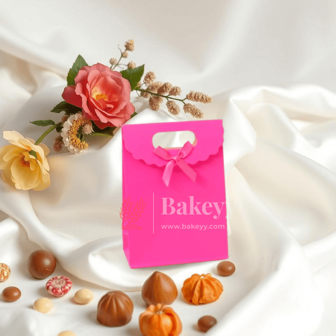 3x4 Inch | Plain Paper D Cut Bags Pack of 12 | Elegant Gift Bags with Ribbon - Bakeyy.com - India - 3x4 Inch | Plain Paper D Cut Bags Pack of 12 | Elegant Gift Bags with Ribbon - Rose red (Pack of 12)