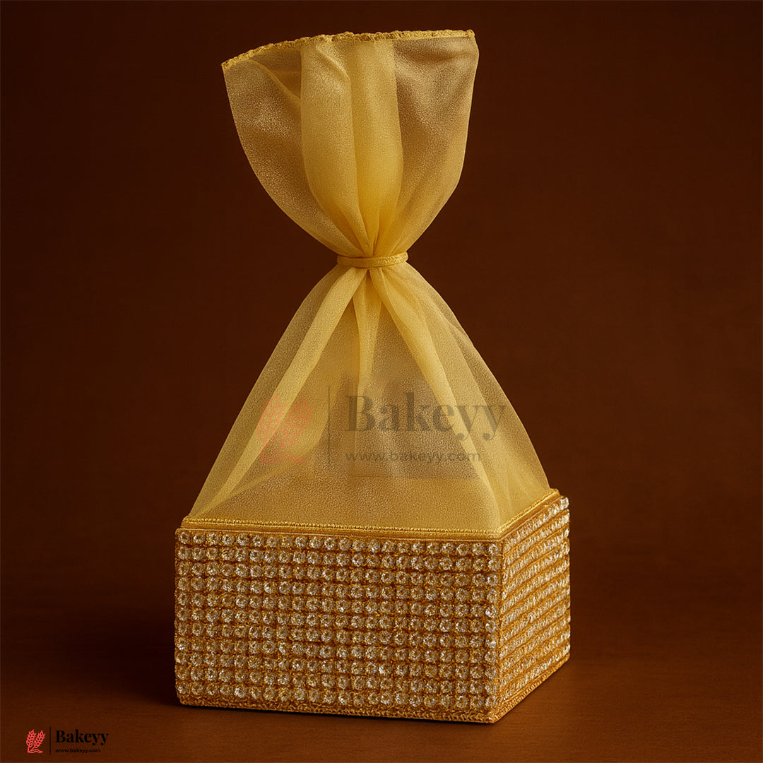 6x6x3 Inch | Golden Diamond Mesh Gift Box with Net  – Premium Return Gift Packaging | Pack  of 1