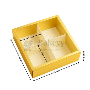 Yellow bakery display box with dimensions and 'Bakey' branding.