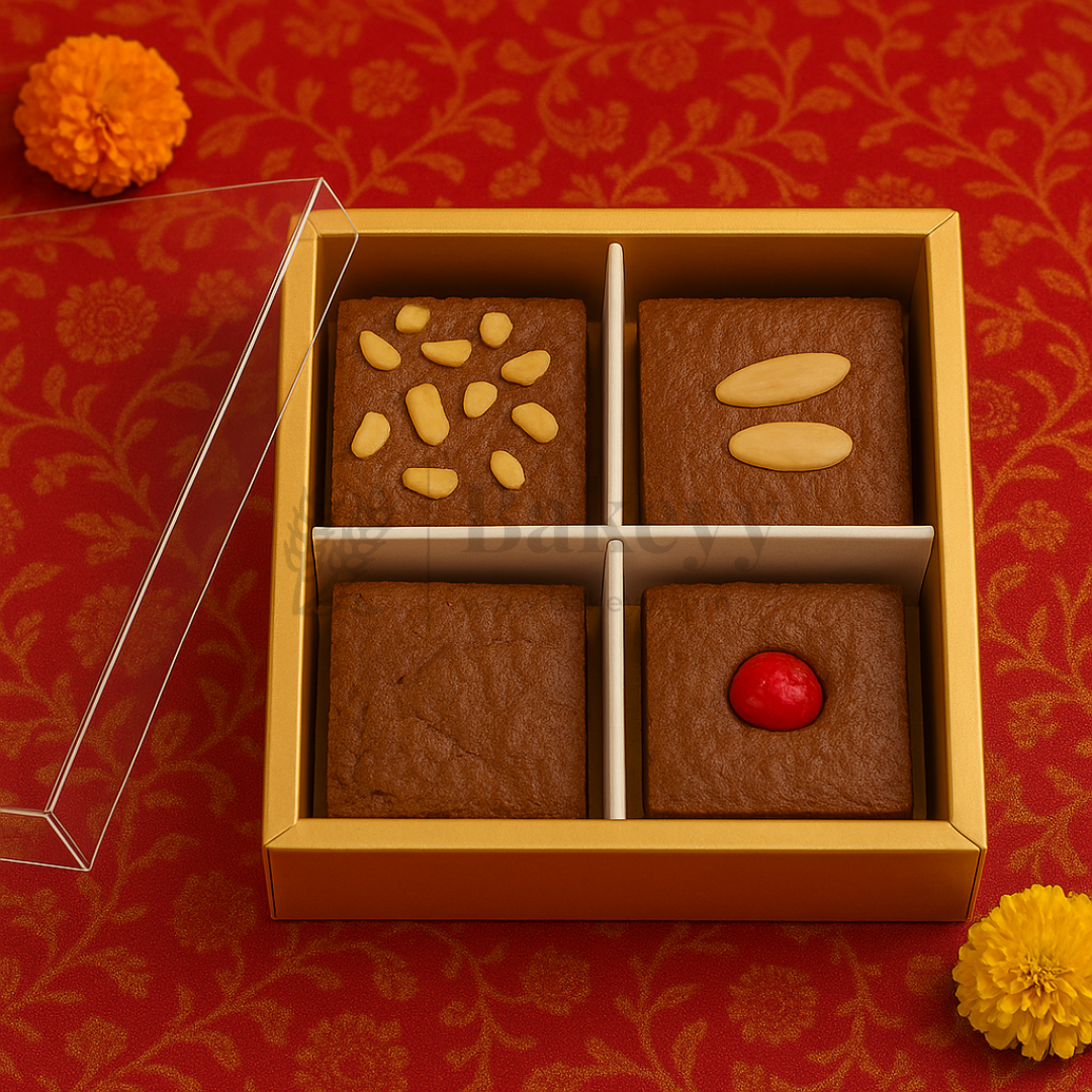 Open box of brownies with decorative elements on a red floral background
