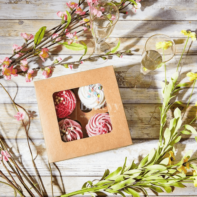 4 Cavity Kraft Cupcake Box | Pack Of 10 | - Bakeyy.com - India - 4 Cavity Kraft Cupcake Box | Pack Of 10 | - Pack of 10