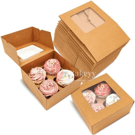 4 Cavity Kraft Cupcake Box | Pack Of 10 | - Bakeyy.com - India - 4 Cavity Kraft Cupcake Box | Pack Of 10 | - Pack of 10