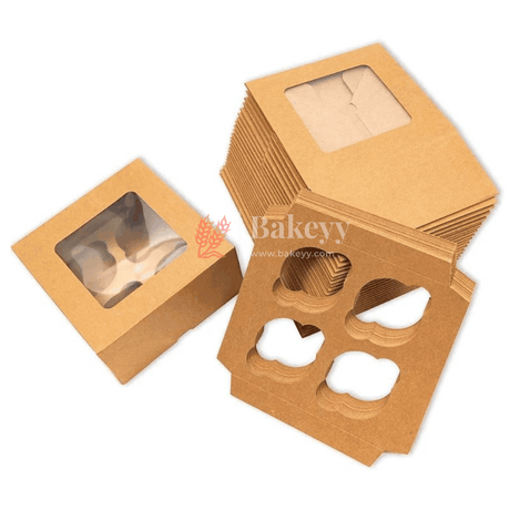 4 Cavity Kraft Cupcake Box | Pack Of 10 | - Bakeyy.com - India - 4 Cavity Kraft Cupcake Box | Pack Of 10 | - Pack of 10