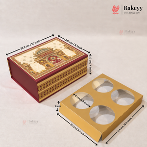 A bakery gift box set shown with dimension arrows and labels on a light beige background. The set includes a decorative red and gold lidded box and a gold tray with four circular cutouts.