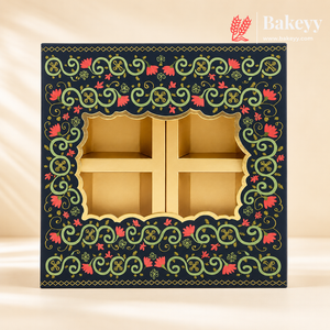 4 Cavity | Rigid Dry Fruit Box | Elegant Festive Hamper Box with Window Lid | Elegant Floral Design | Pack Of 1