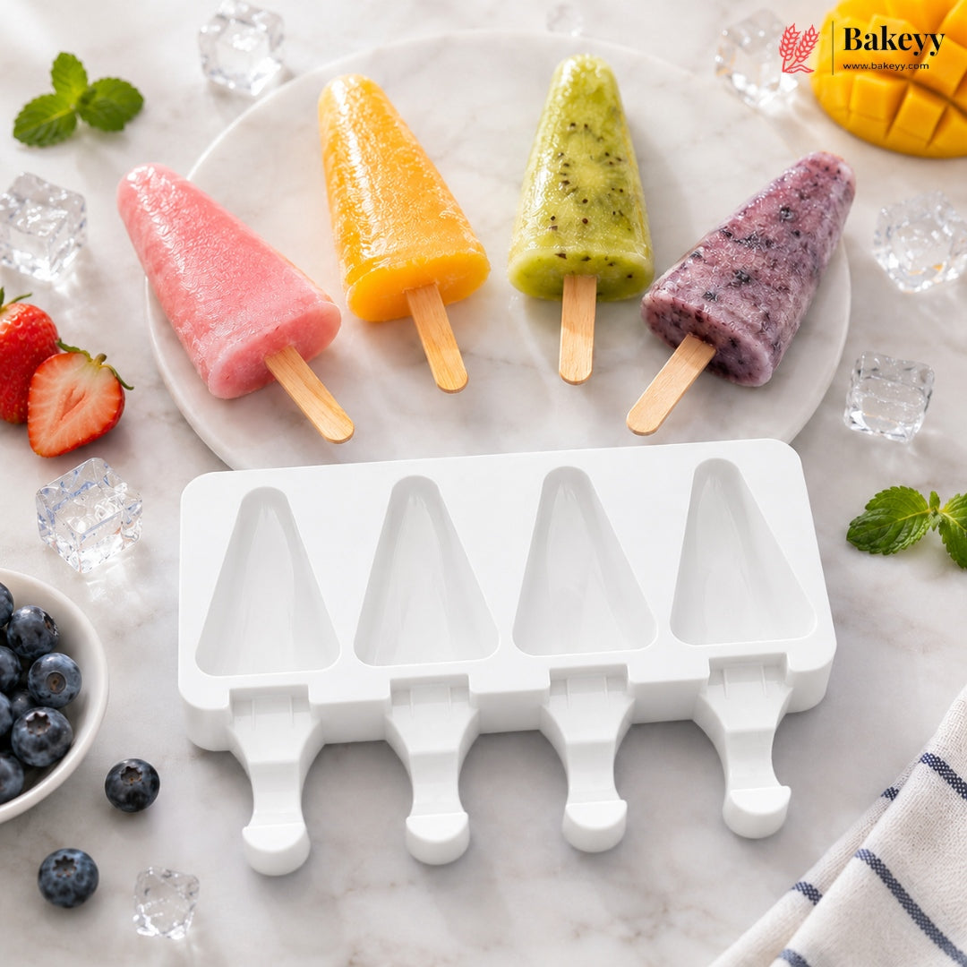4 Cavity Triangle Silicone Popsicle Mould | Ice Candy Mould with Stick Handle for Homemade Ice Pops | Pack of 1
