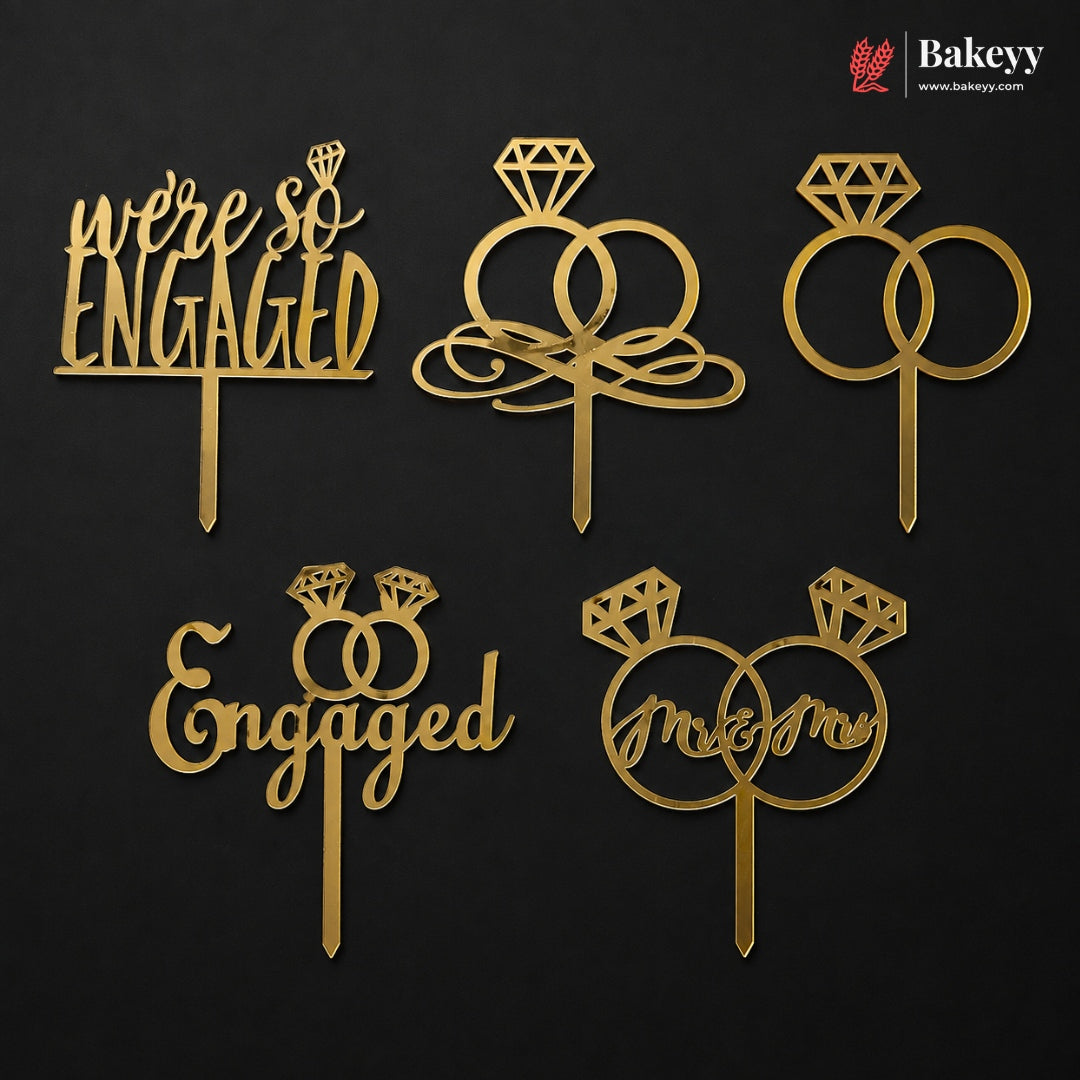 4 Inch Gold Acrylic Engagement Cake Topper | Laser Cut Cake Decoration | Pack of 5