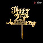 Gold-colored metal cake topper with 'Happy 25th Anniversary' script and number design, mounted on a pointed stake, shown against a solid black background. A Bakeyy brand logo is visible in the top right corner.