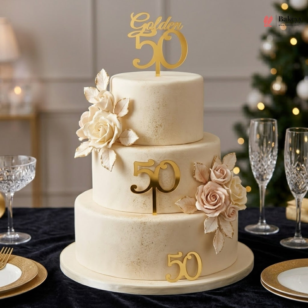A three-tier frosted cake with gold '50' numerals and sugar roses, topped with a gold 'Golden 50' topper, displayed on a table with champagne glasses and a blurred Christmas tree in the background.