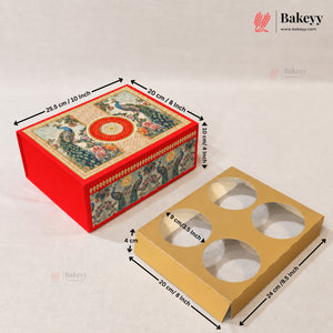 A red decorative cake box with a printed multicolor floral and bird design, shown alongside a matching gold cardboard insert tray with four circular cutouts. Black dimension arrows and text label the measurements of both pieces.