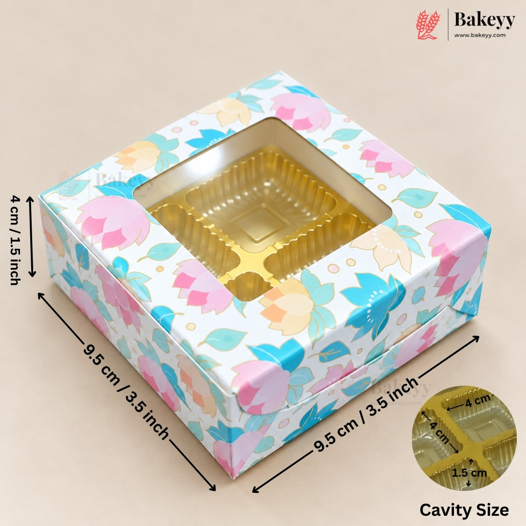 4 Cavity Printed Chocolate Box with Window & Golden Cavity | 6 Designs | Pack of 25
