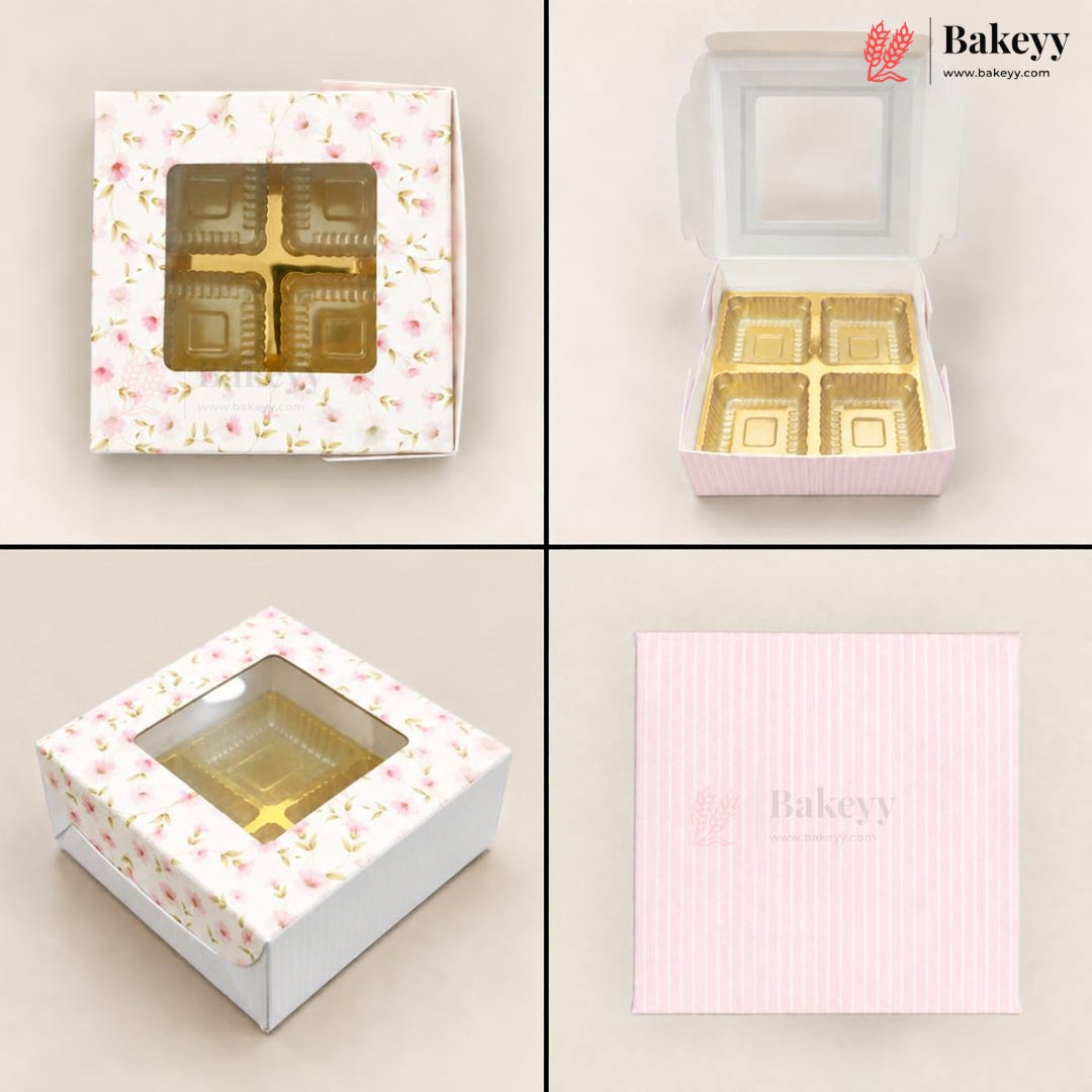 4 Cavity Printed Chocolate Box with Window & Golden Cavity | 6 Designs | Pack of 25