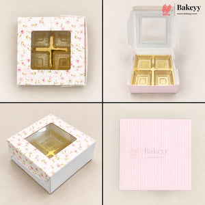 4 Cavity Printed Chocolate Box with Window & Golden Cavity | 6 Designs | Pack of 25