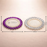 Bakeyy decorative round coasters with pearl and crystal borders in purple and clear, 9cm each, shown on beige background.