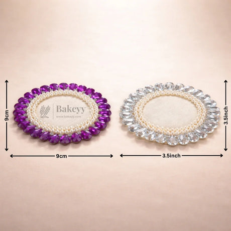 Bakeyy decorative round coasters with pearl and crystal borders in purple and clear, 9cm each, shown on beige background.