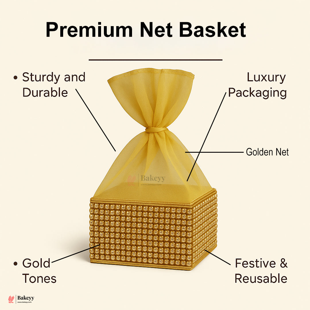 6x6x3 Inch | Golden Diamond Mesh Gift Box with Net  – Premium Return Gift Packaging | Pack  of 1