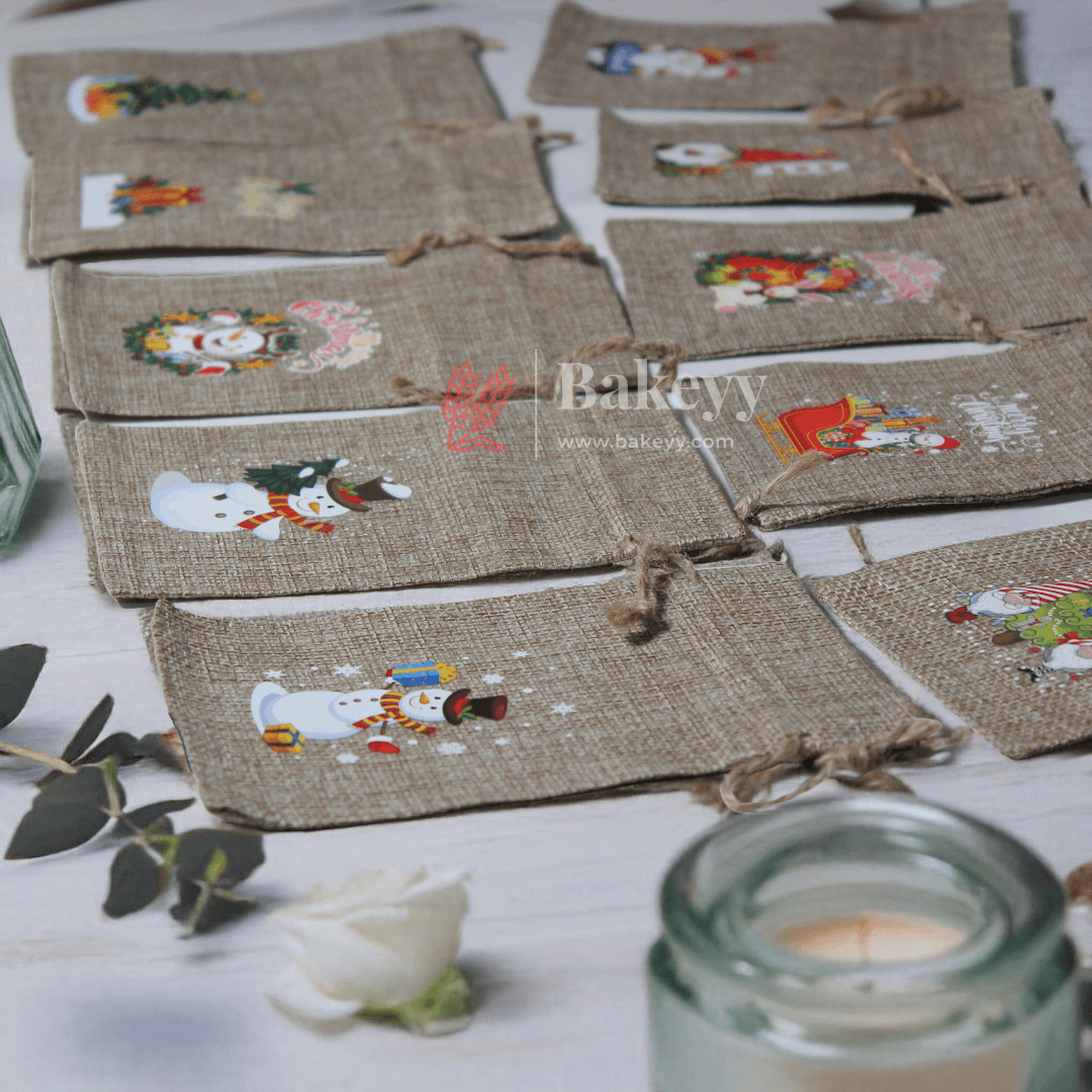 Christmas Jute Potli Bags || Printed Potli Jute Bag (Mixed Designs) || Gift Return Gifts Bags || - Bakeyy.com - India - Christmas Jute Potli Bags || Printed Potli Jute Bag (Mixed Designs) || Gift Return Gifts Bags || - 4x6 / Pack of 10