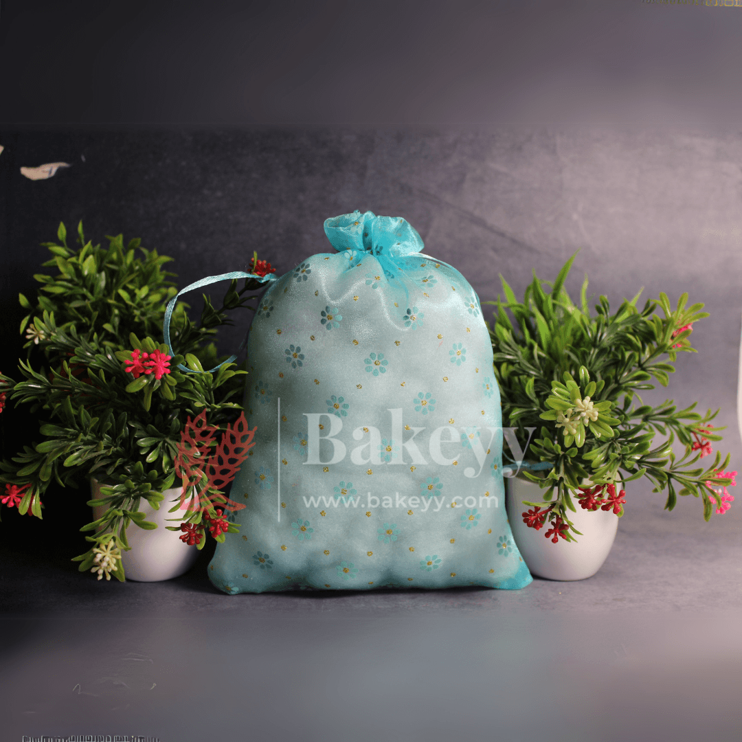 20x25 CM | Floral Design with dots Organza Potli Bags | Sky blue Color | Candy Bag | Pack 0f 50 - Bakeyy.com - India - 20x25 CM | Floral Design with dots Organza Potli Bags | Sky blue Color | Candy Bag | Pack 0f 50 - Default Title
