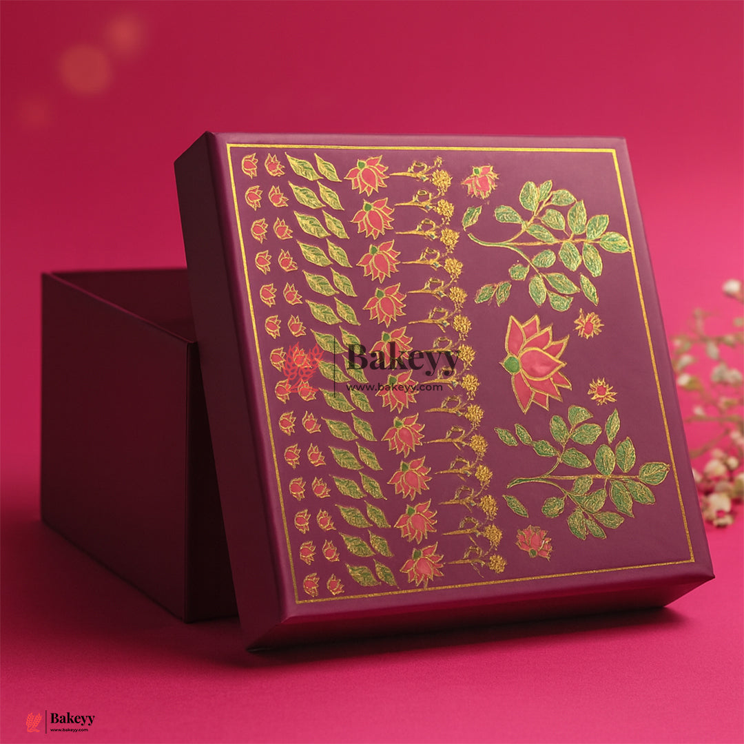 10x10x4 Inch | Large Floral Printed Premium Square Gift Box – Purple | Reusable Rigid Hamper Packaging  | Pack Of 1