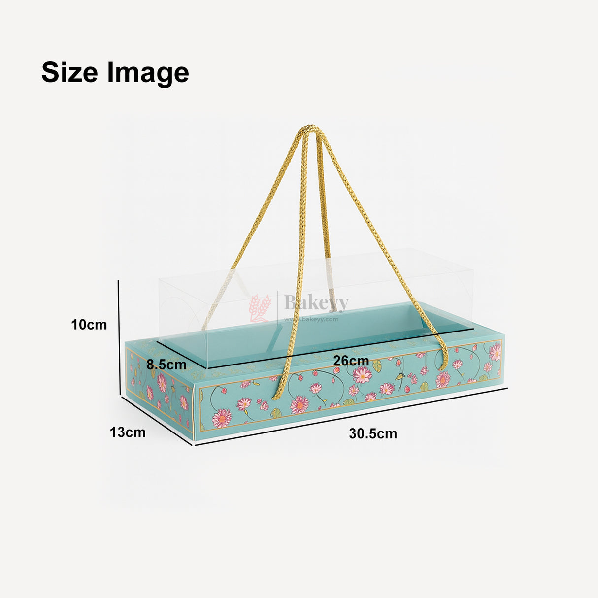 30.5x13x10cm |Turquoise Floral Gift Box with Transparent Lid & Golden Rope Handle – Empty Hamper Packaging Box  | Pack of 10