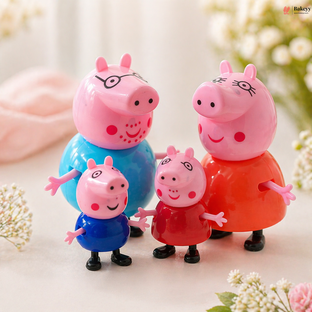 Colorful toy figures of a family of pigs on a light background with flowers.