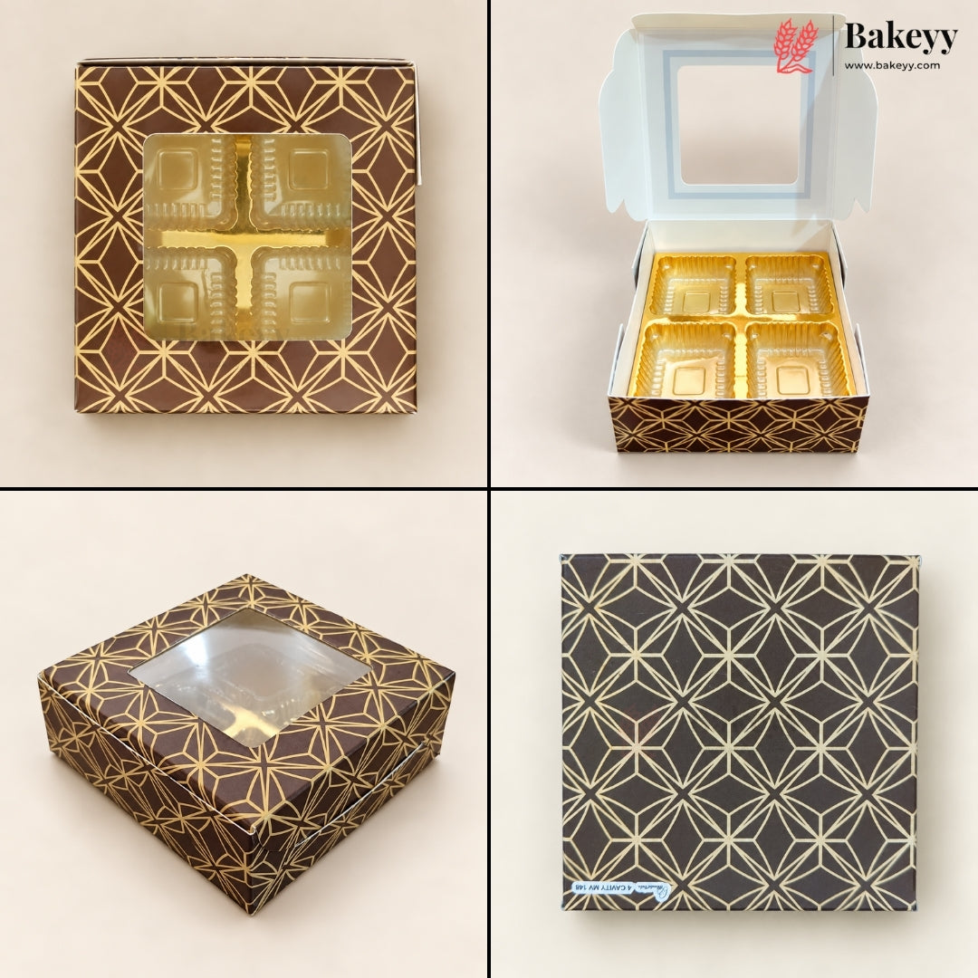 Four-panel product display of a square bakery box with a clear window and geometric gold foil pattern on a dark brown background. The panels show the closed box from multiple angles, an open box with four gold-tray compartments, and a flat pattern close-up.