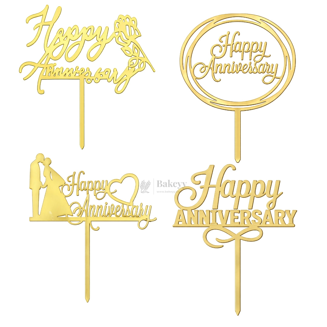 4 Inch Happy Anniversary Acrylic Cake Topper Set | Assorted Elegant Designs | Pack of 5