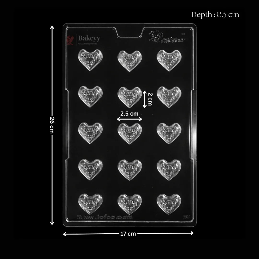Clear plastic heart-shaped chocolate mold tray, 26x17 cm, Bakeyy baking supplies
