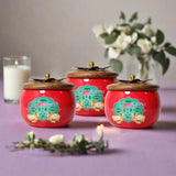 Red Handcrafted Decorative Jar with Floral Wooden Lid (Pack Of 1)