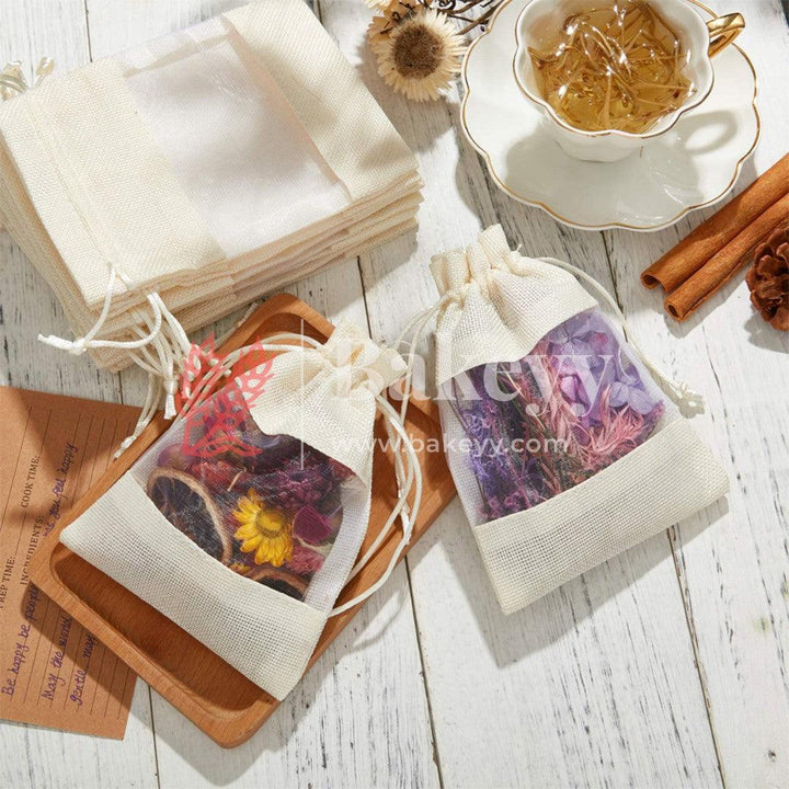 4x6 Inch Cream | Jute Potli Window Bag | Gift Return Gifts Bags | Drawstring Bags - Bakeyy.com