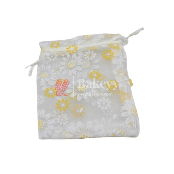 4x6 Inch | Floral Design Organza Potli Bags | Pack of 100 | White Color | Candy Bag - Bakeyy.com