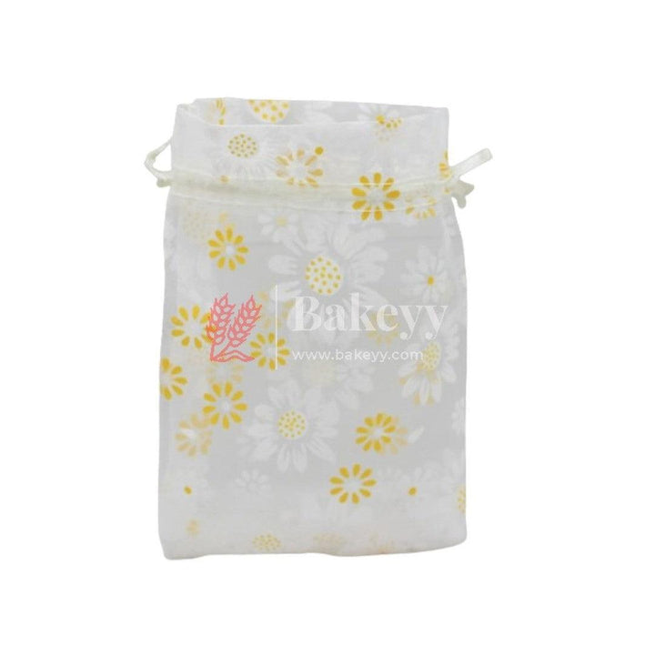 4x6 Inch | Floral Design Organza Potli Bags | Pack of 100 | White Color | Candy Bag - Bakeyy.com