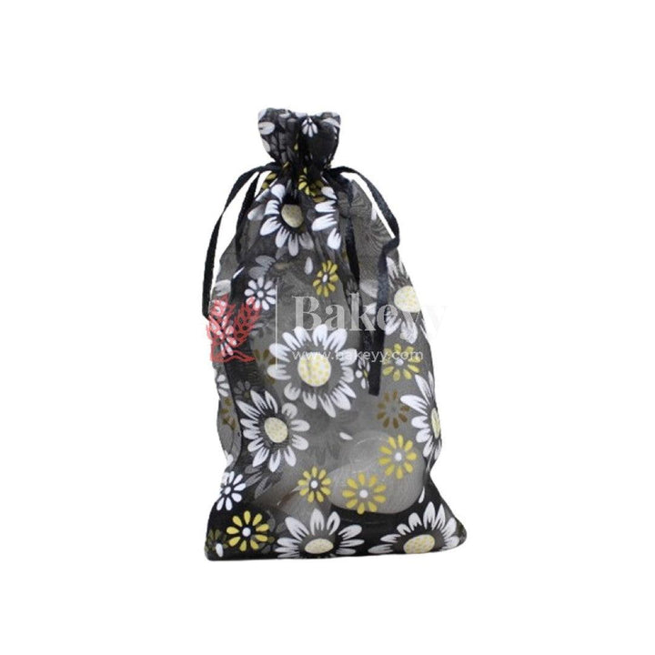 4x6 Inch | Floral Designs Organza Potli Bags | Pack of 100 | Black Color | Candy Bag - Bakeyy.com