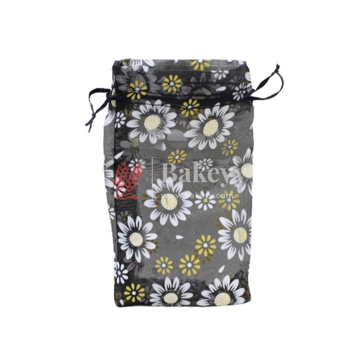 4x6 Inch | Floral Designs Organza Potli Bags | Pack of 100 | Black Color | Candy Bag - Bakeyy.com