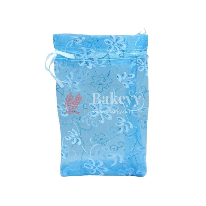 4x6 Inch | Floral Designs Organza Potli Bags | Pack of 100 | Blue Color | Candy Bag - Bakeyy.com