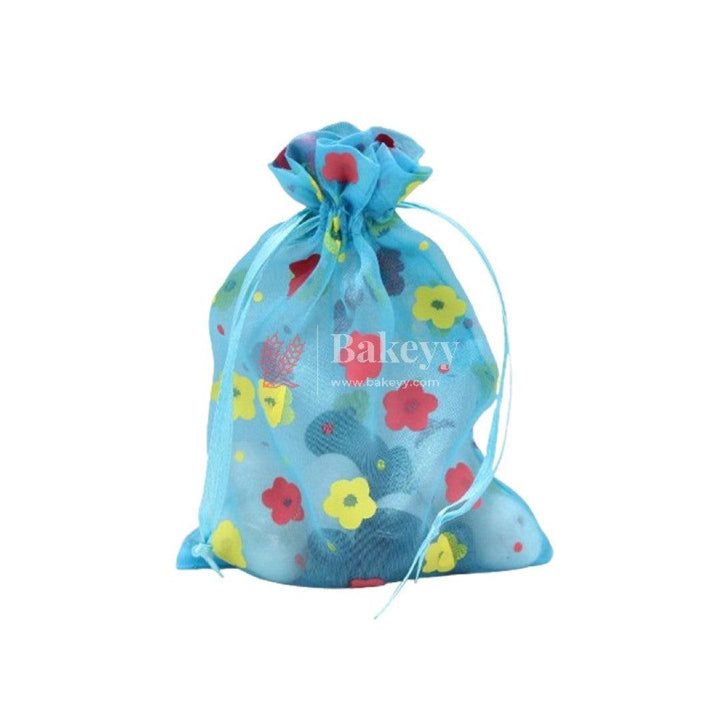 4x6 Inch | Floral Designs Organza Potli Bags | Pack of 100 | Blue Color | Candy Bag - Bakeyy.com