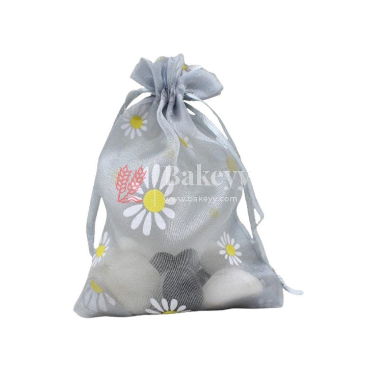 4x6 Inch | Floral Designs Organza Potli Bags | Pack of 100 | Grey Color | Candy Bag - Bakeyy.com
