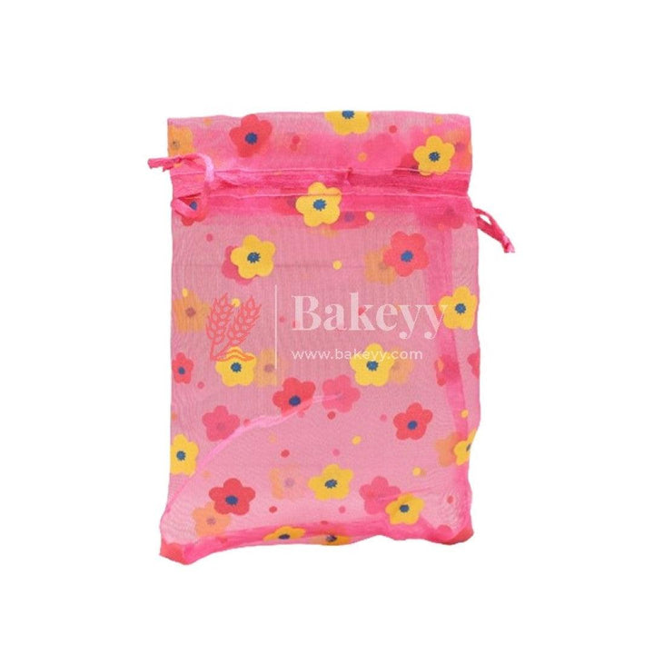 4x6 Inch | Floral Designs Organza Potli Bags | Pack of 100 | Pink Color | Candy Bag - Bakeyy.com