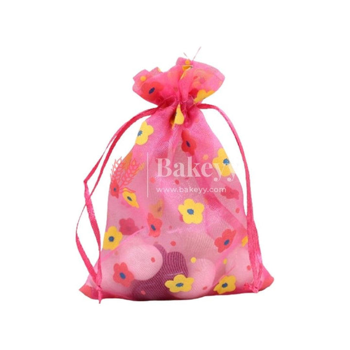 4x6 Inch | Floral Designs Organza Potli Bags | Pack of 100 | Pink Color | Candy Bag - Bakeyy.com