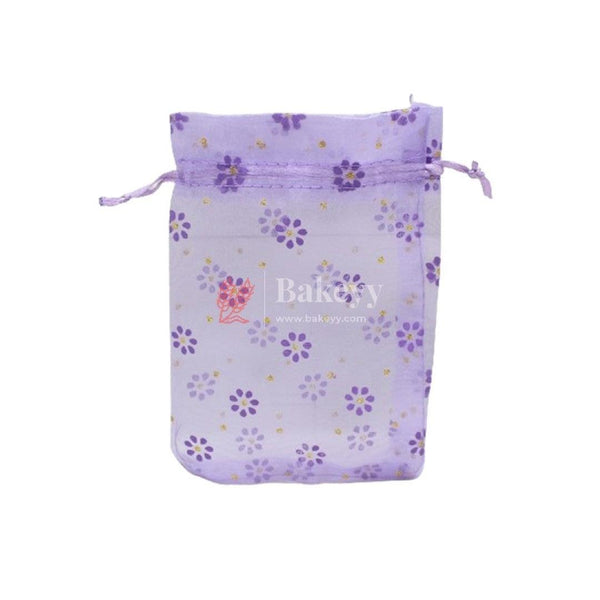 4x6 Inch | Floral Designs Organza Potli Bags | Pack of 100 | Purple Color | Candy Bag - Bakeyy.com
