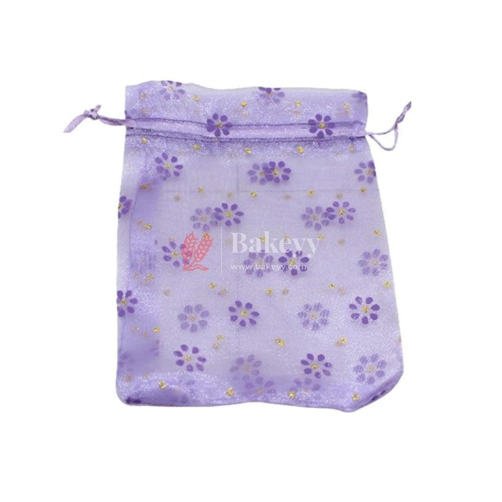 4x6 Inch | Floral Designs Organza Potli Bags | Pack of 100 | Purple Color | Candy Bag - Bakeyy.com