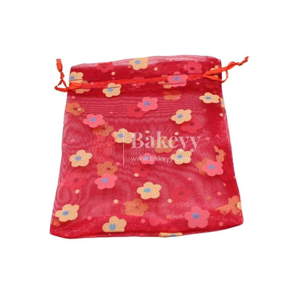 4x6 Inch | Floral Designs Organza Potli Bags | Pack of 100 | Red Color | Candy Bag - Bakeyy.com