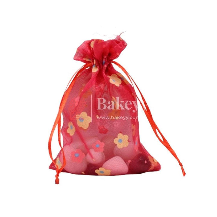 4x6 Inch | Floral Designs Organza Potli Bags | Pack of 100 | Red Color | Candy Bag - Bakeyy.com