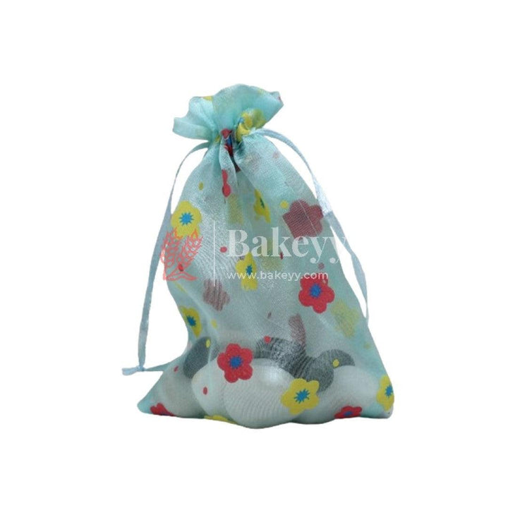 4x6 Inch | Floral Designs Organza Potli Bags | Pack of 100 | Sky Blue Color | Candy Bag - Bakeyy.com