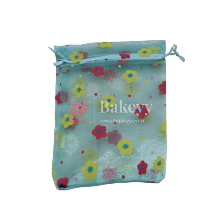 4x6 Inch | Floral Designs Organza Potli Bags | Pack of 100 | Sky Blue Color | Candy Bag - Bakeyy.com